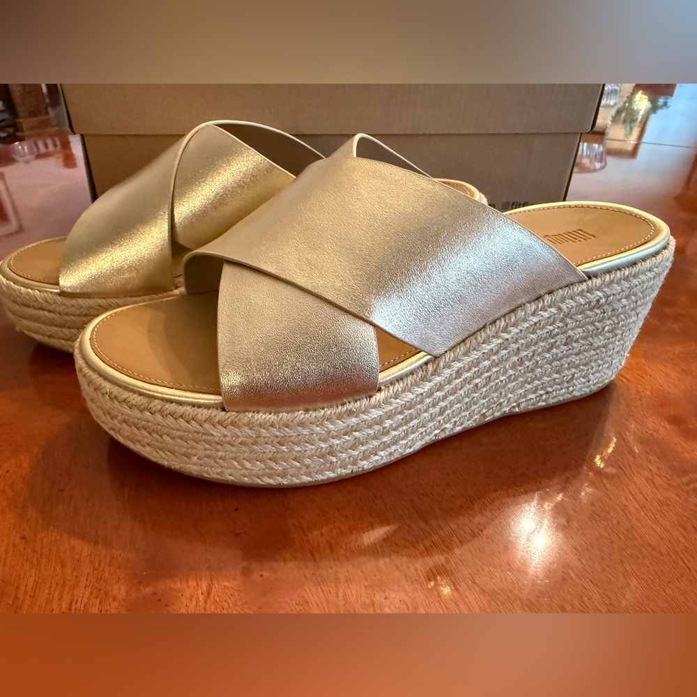 Fitflop Metallic Gold Crisscross Wedge Espadrille Slides